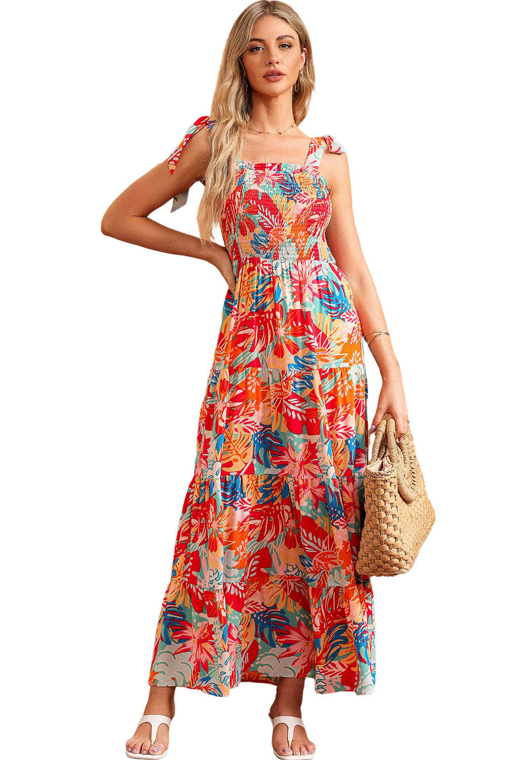 Multicolor Vibrant Tropical Print Smocked Ruffle Tiered Maxi Dress-yoyobikini