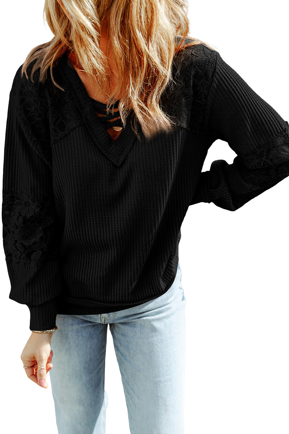 Black Lace Waffle Patchwork Strappy V Neck Long Sleeve Top-yoyobikini