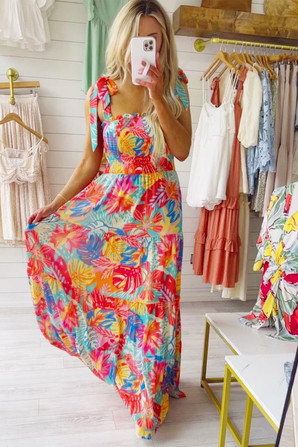 Multicolor Vibrant Tropical Print Smocked Ruffle Tiered Maxi Dress-yoyobikini