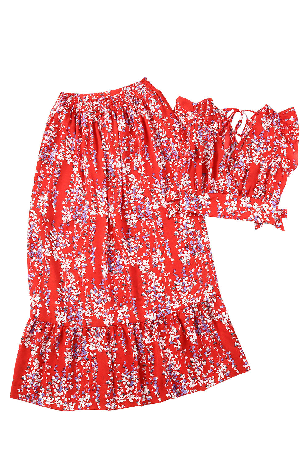 Red Multicolor Floral Ruffled Crop Top and Maxi Skirt Set-yoyobikini