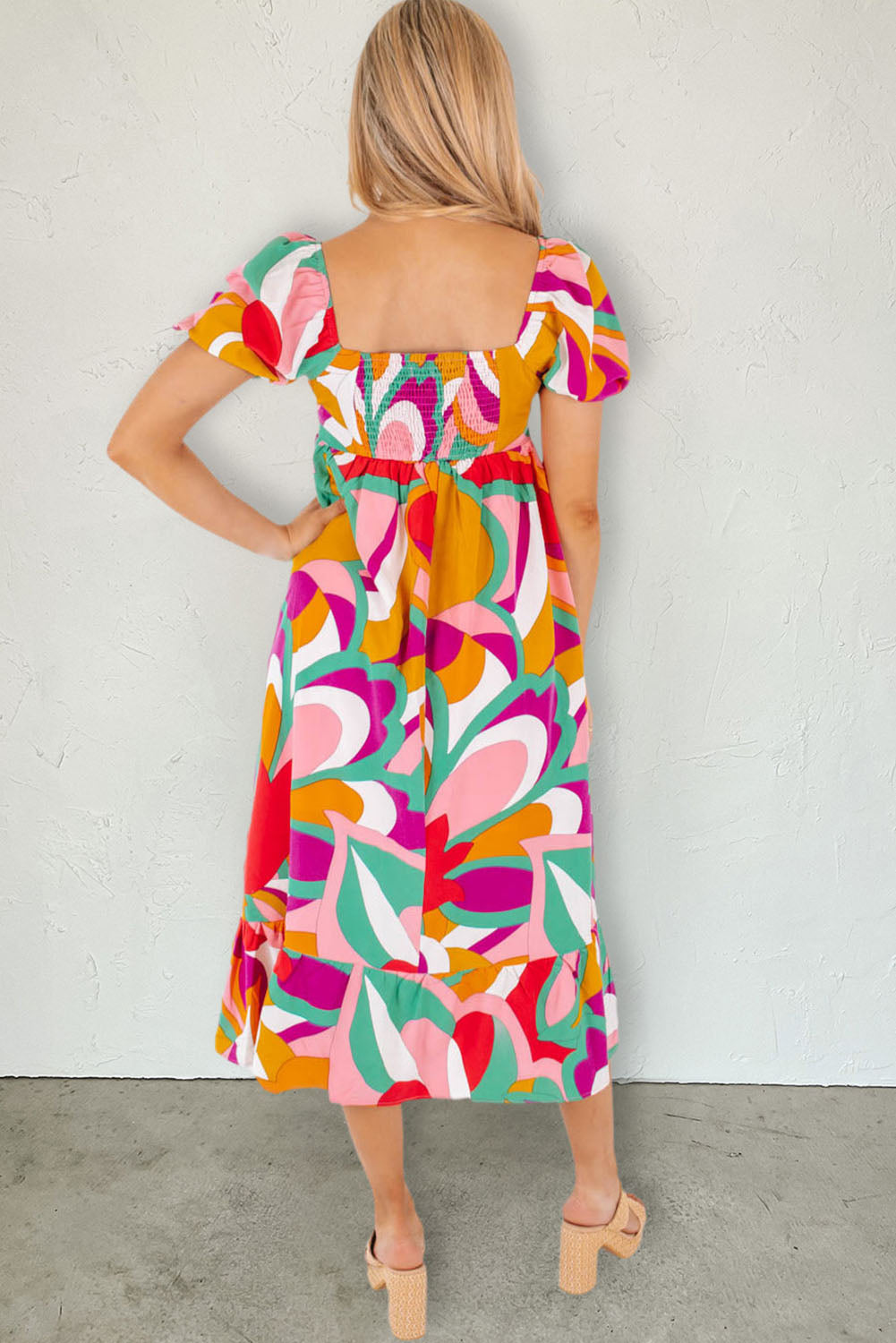 Red Abstract Print Square Neck Flowy Midi Dress-yoyobikini