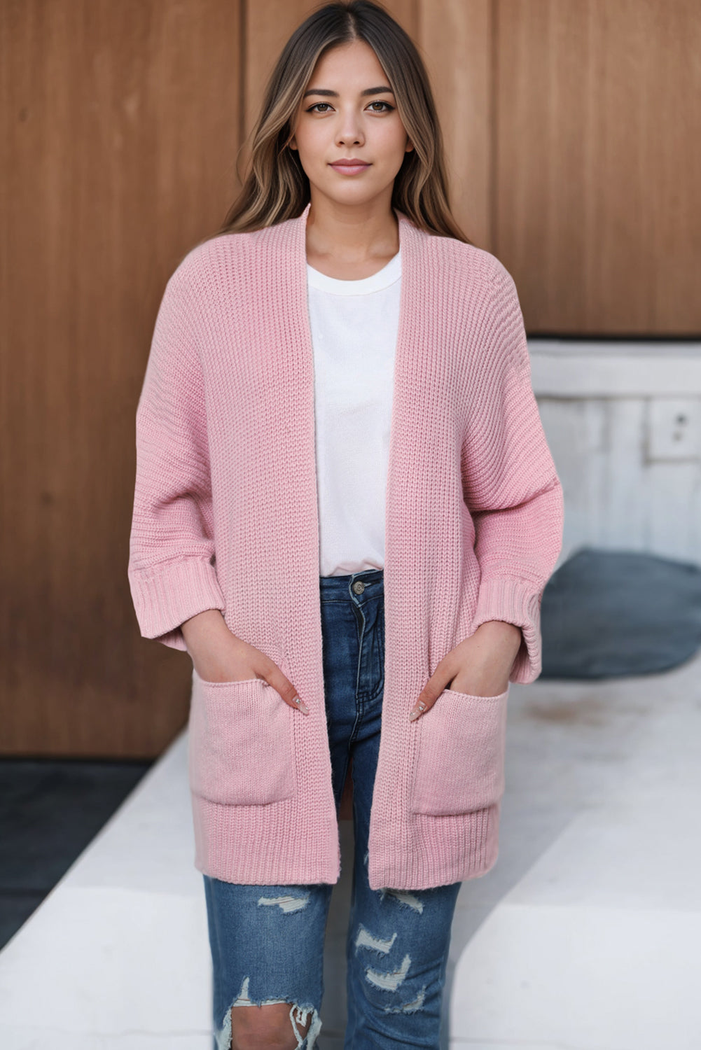 Pink Oversized Fold Over Sleeve Sweater Cardigan-yoyobikini