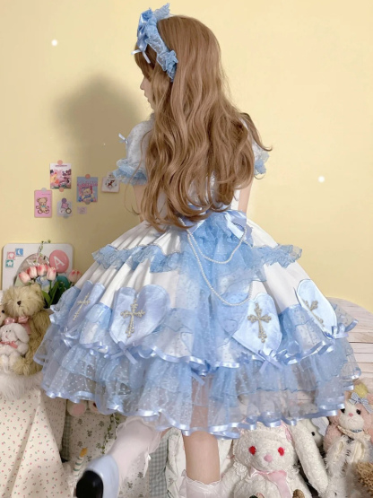 Halloween Back to school Gothic Lolita Dresses Bows Pearls Color Block Pink Light Sky Blue