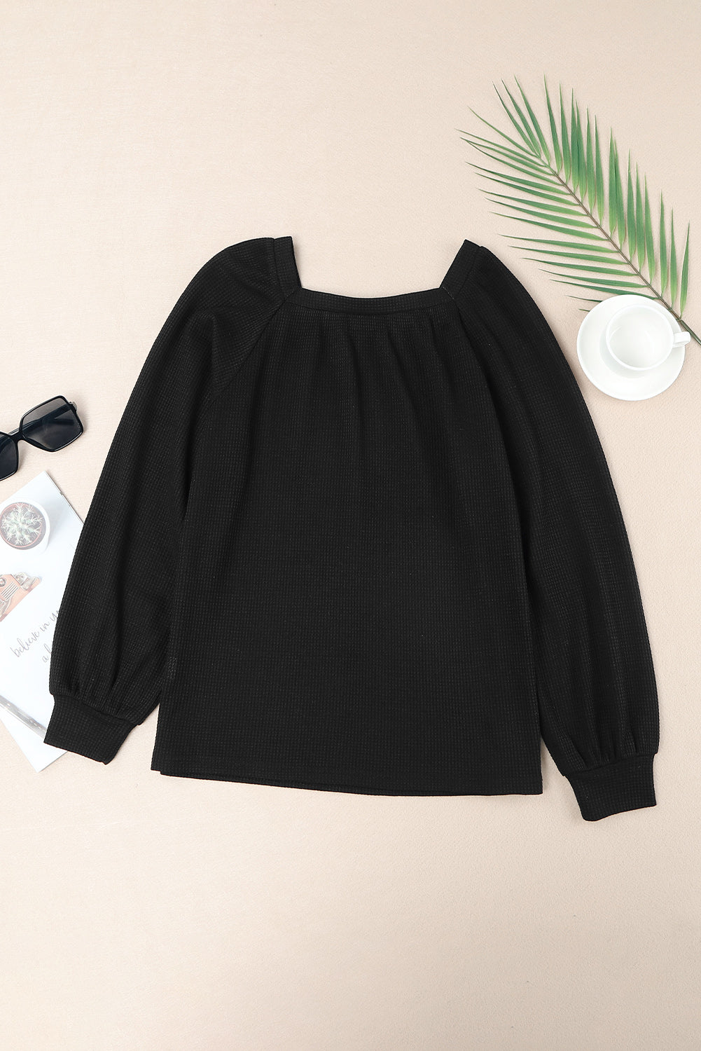 Black Scoop Neck Puff Sleeve Waffle Knit Top-yoyobikini