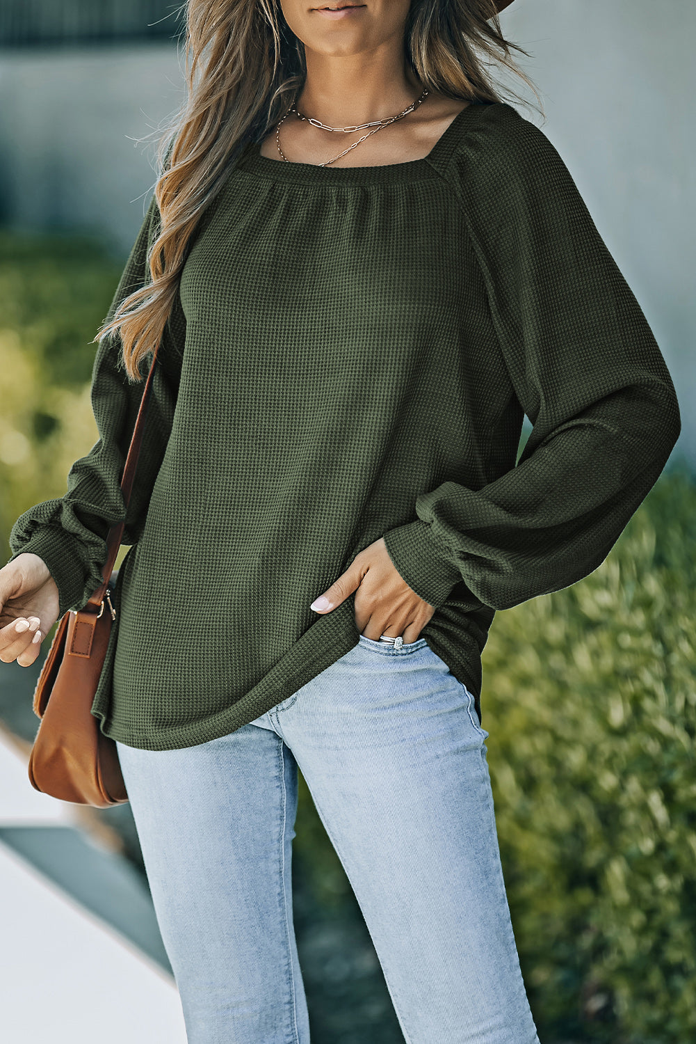 Green Scoop Neck Puff Sleeve Waffle Knit Top-yoyobikini