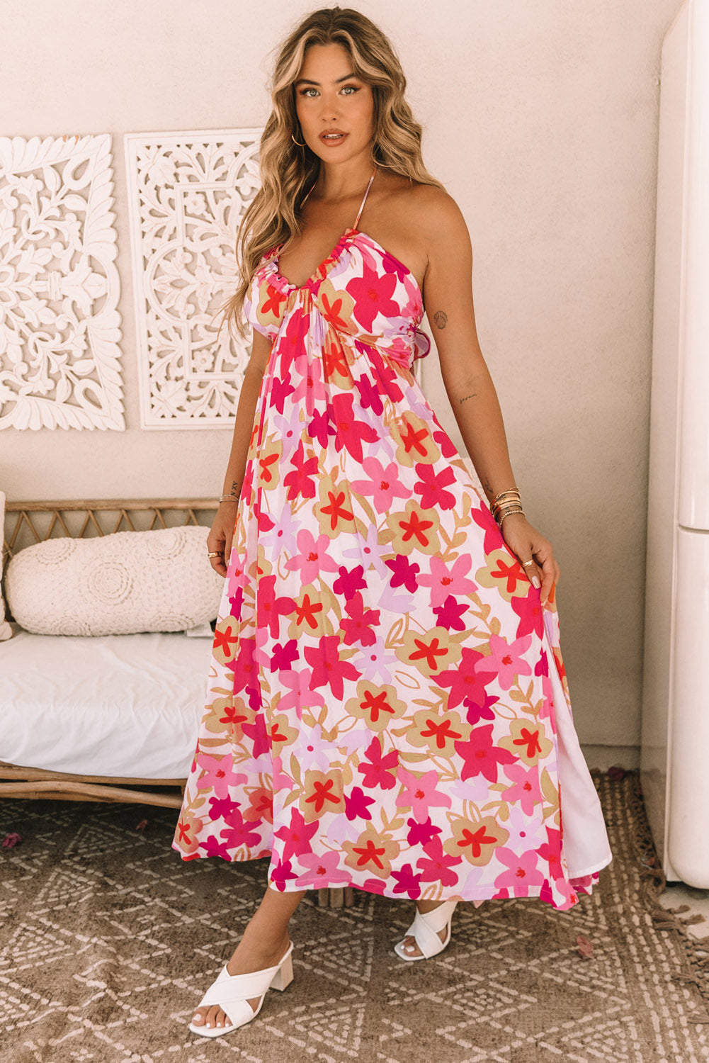 Red Halter Neck Backless Floral Print Maxi Dress with Ties-yoyobikini