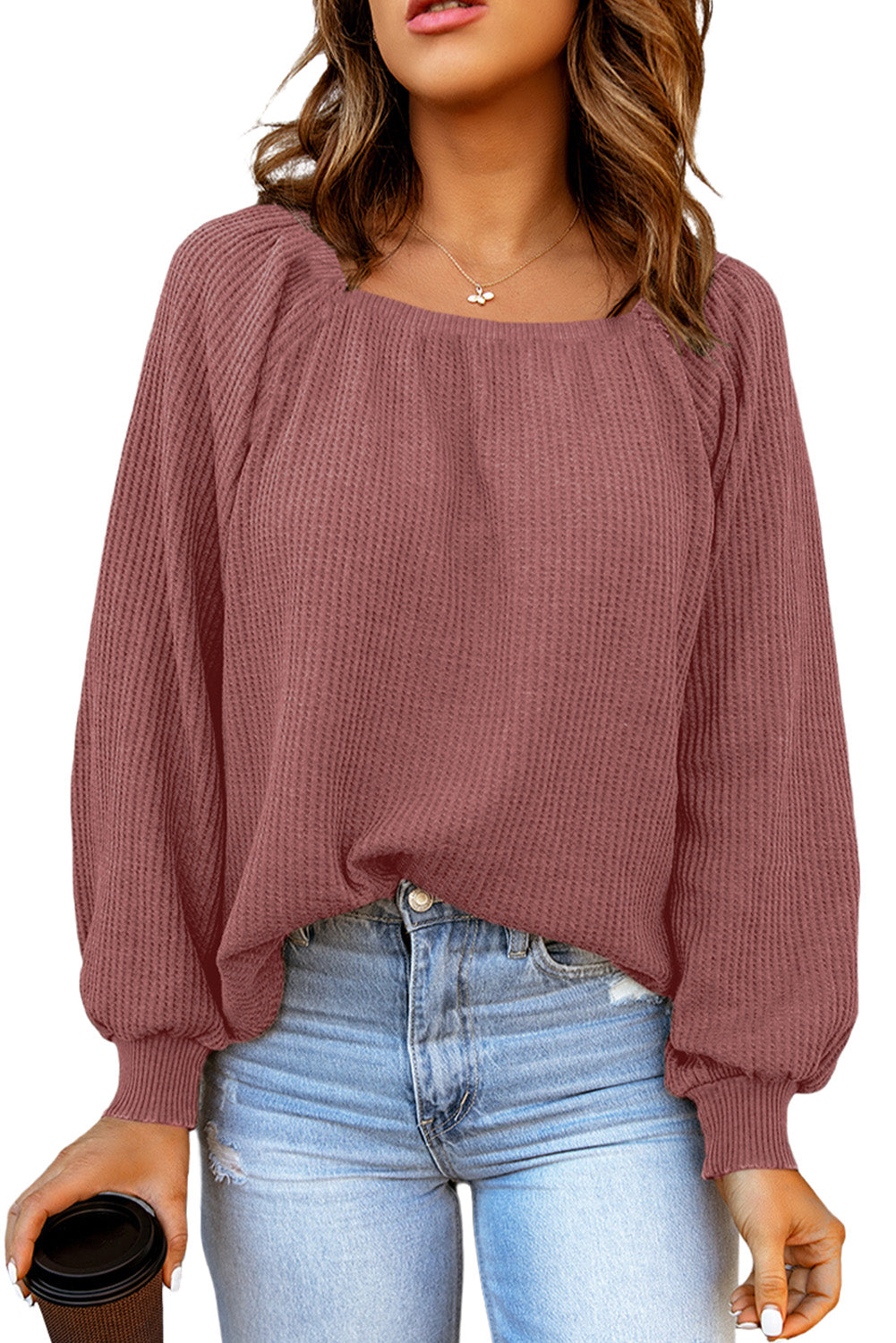 Square Neck Puff Sleeve Waffle Knit Top-yoyobikini