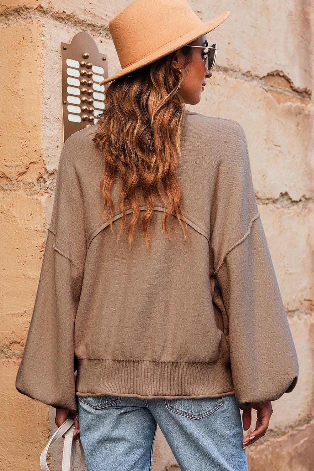 Apricot Raw Edge Patch Pocket Exposed Seam Loose Sweater-yoyobikini