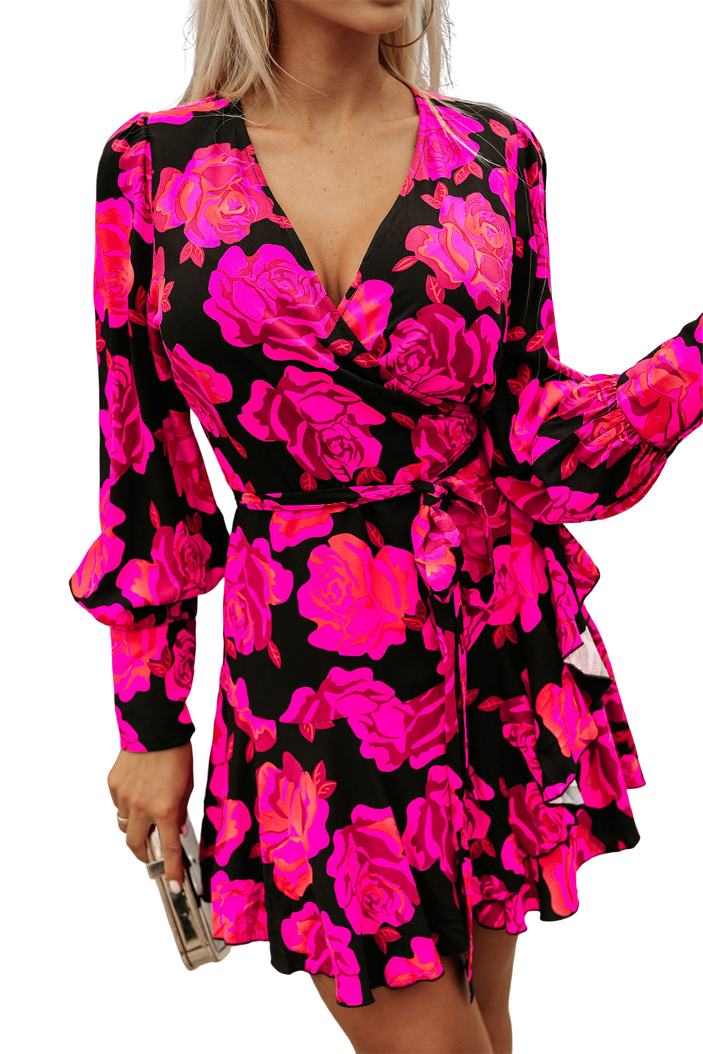 Rose Floral Print V Neck Wrap Bishop Sleeve Ruffle Tiered Mini Dress-yoyobikini
