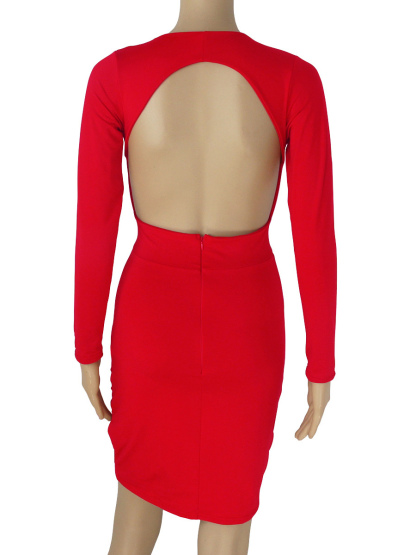 Birthday Red Bodycon Dress Plunging Neck Long Sleeve Cut Out Backless Women Sexy Mini Wrap Dresses