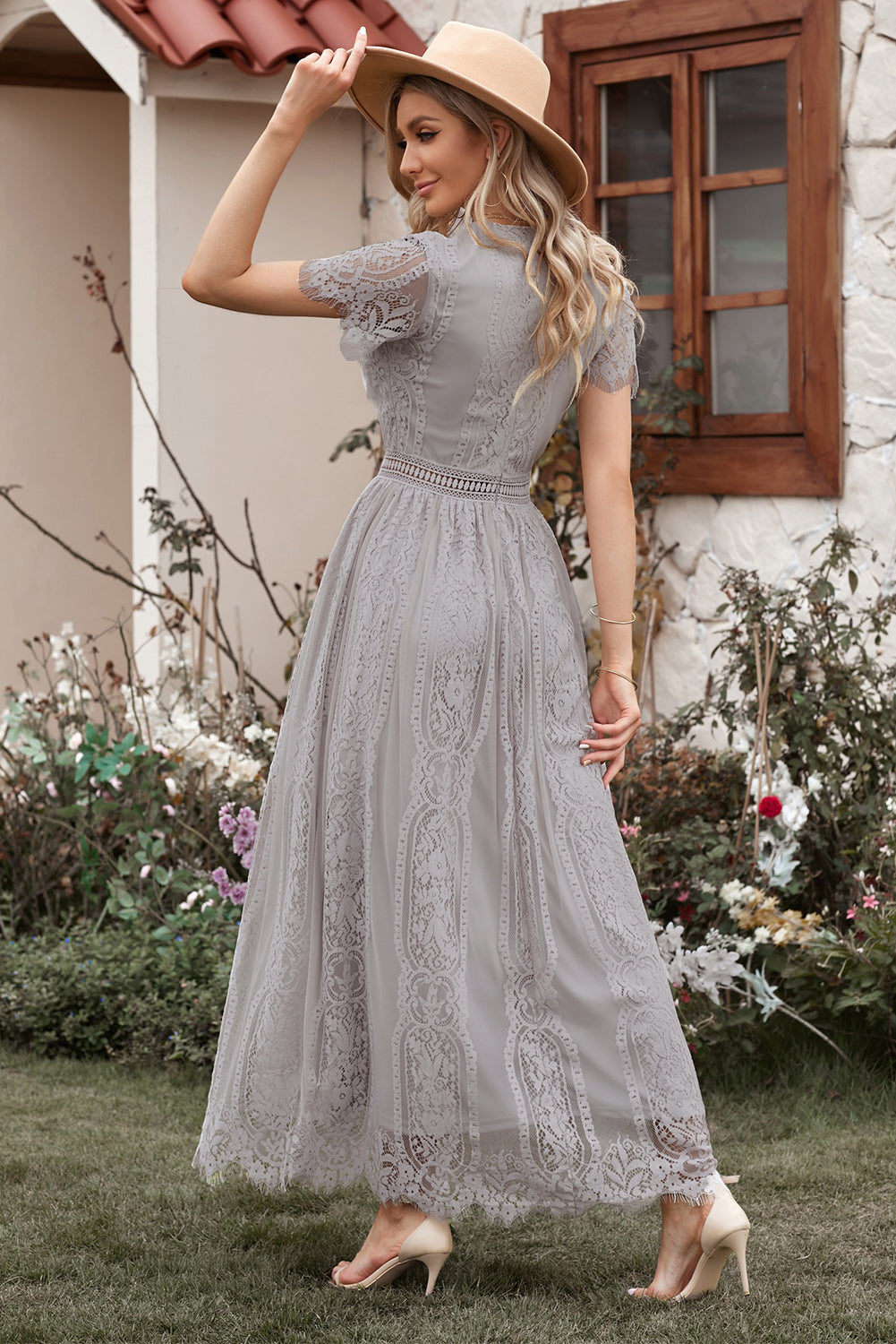 Gray Blue Fill Your Heart Lace Maxi Dress-yoyobikini