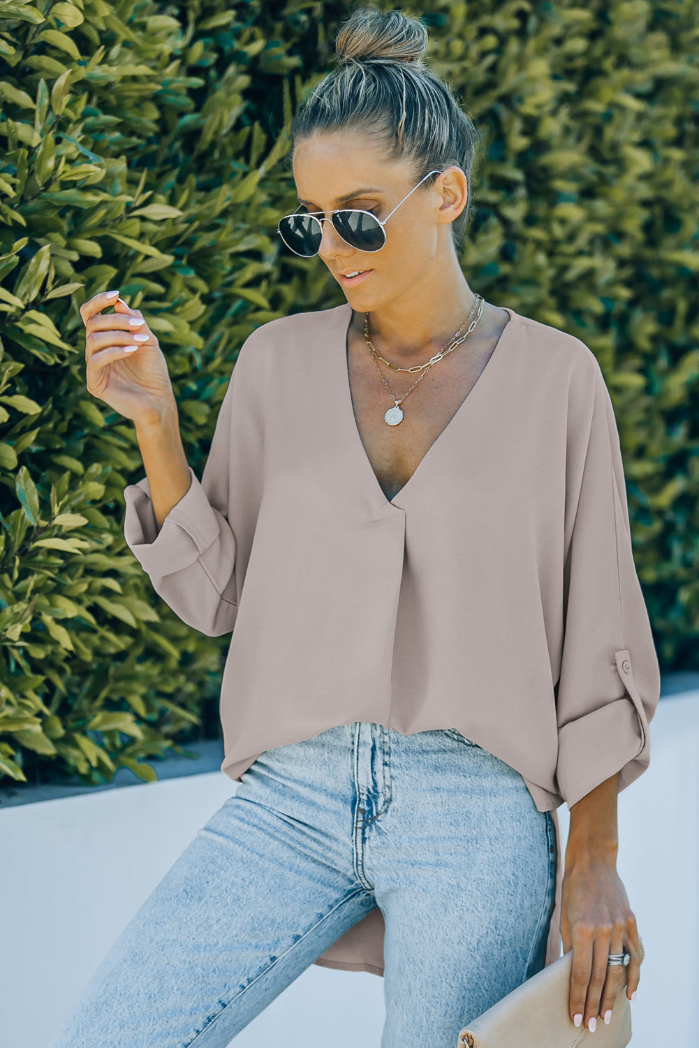 Apricot V Neck 3/4 Sleeve High Low Hem Shirt-yoyobikini