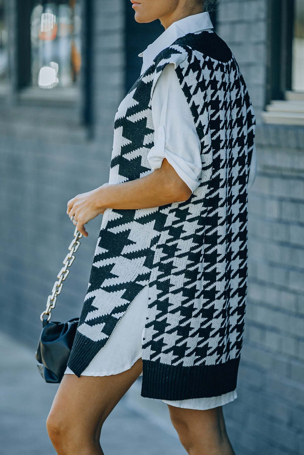 Black Houndstooth Sweater Vest with Slits-yoyobikini