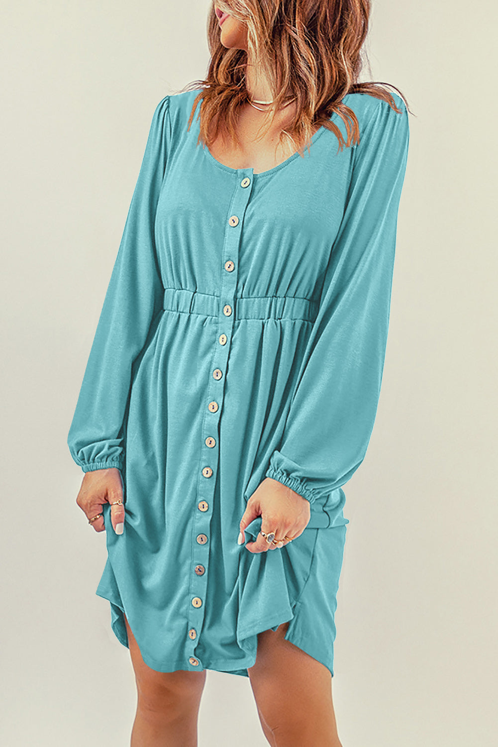 Sky Blue Button Up High Waist Long Sleeve Dress-yoyobikini