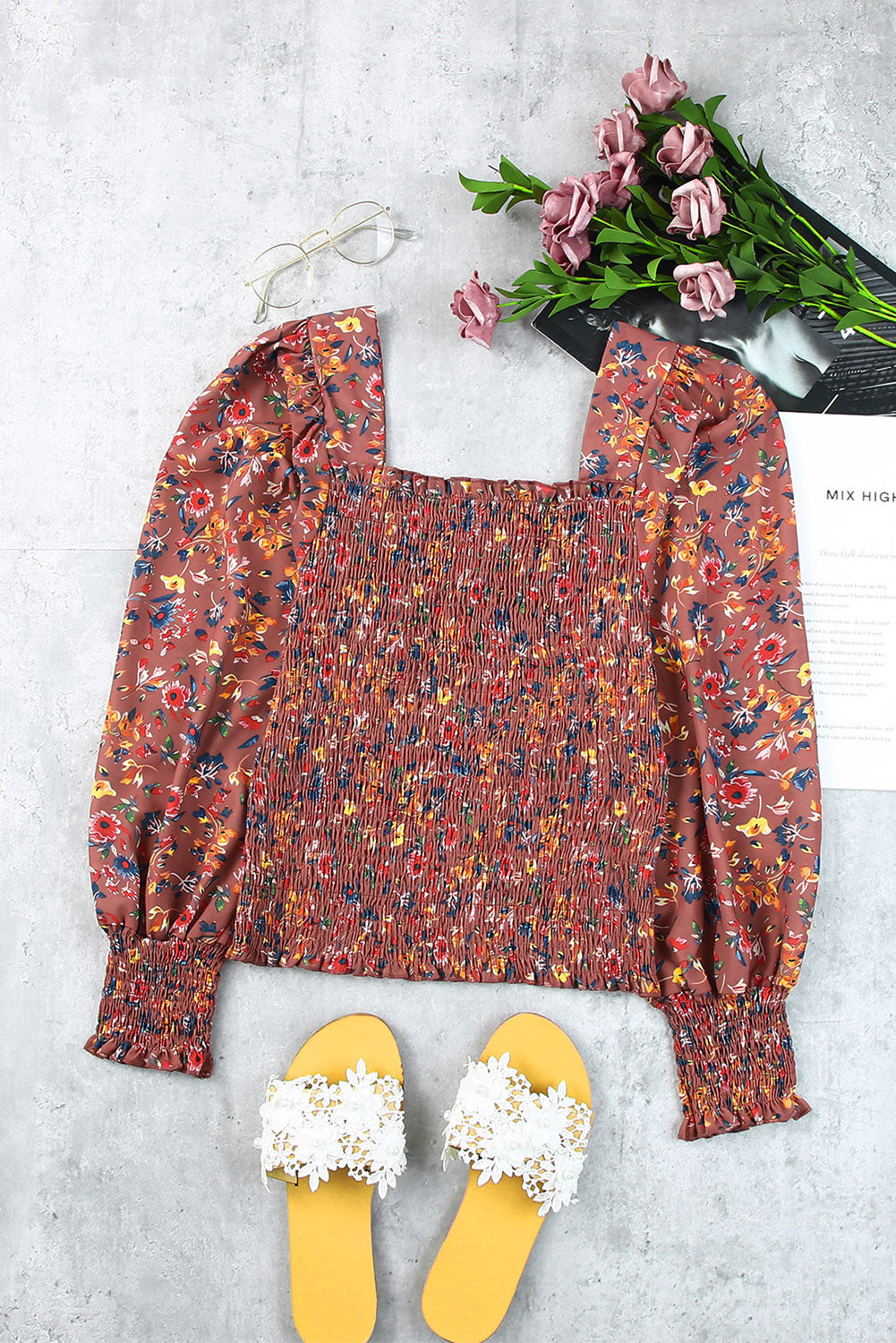 Pink Floral Print Smocked Long Sleeve Top-yoyobikini