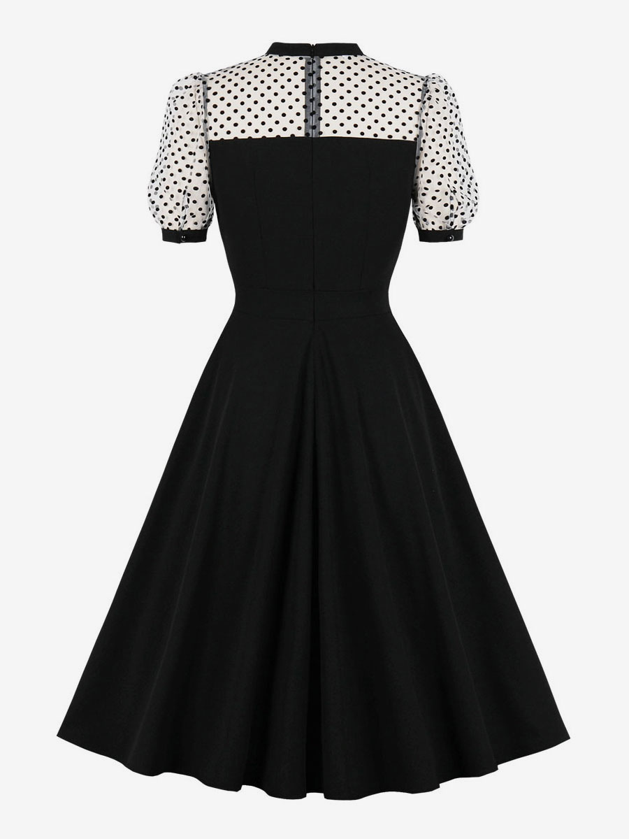 1950s Audrey Hepburn Style Retro Dress Jewel Neck Short Sleeves Medium Two-Tone Black Swing Dress