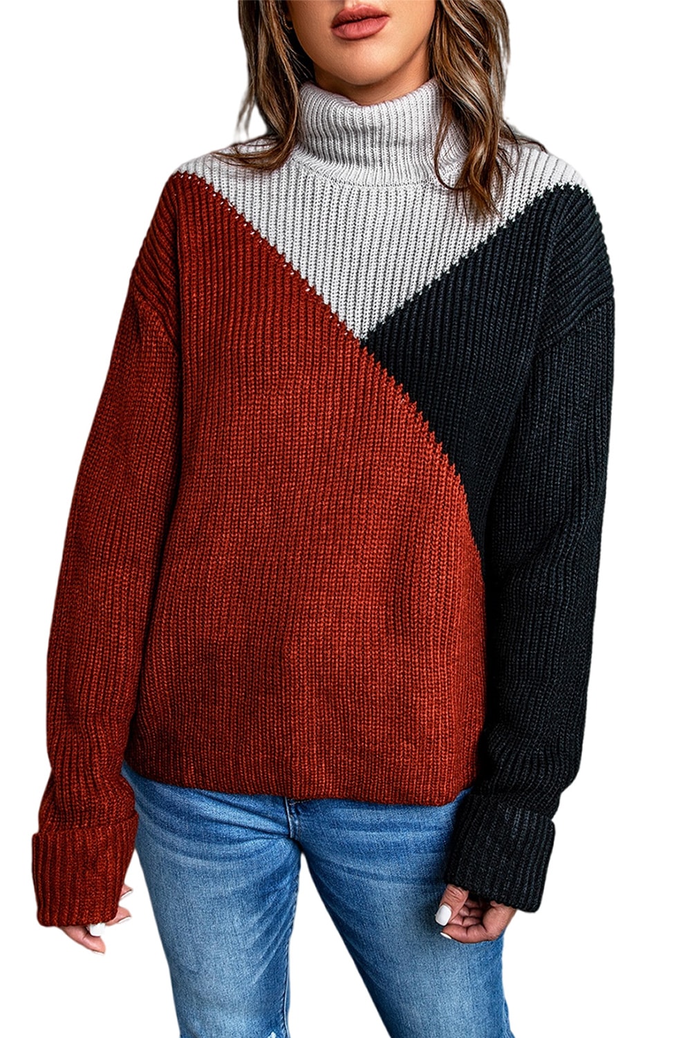 Black Color Block Drop Shoulder Turtleneck Sweater-yoyobikini