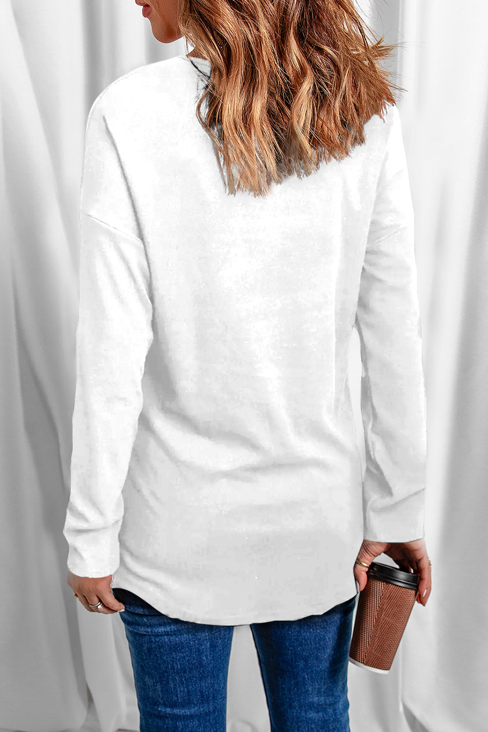 White Solid Color V Neck Long Sleeve Knit Top-yoyobikini