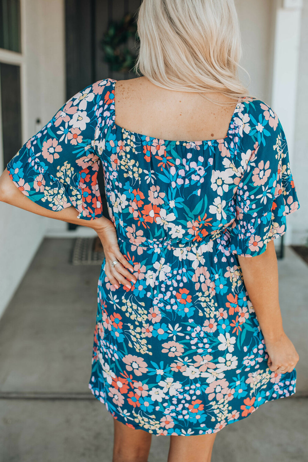 Blue Square Neck Ruffle Floral Dress-yoyobikini