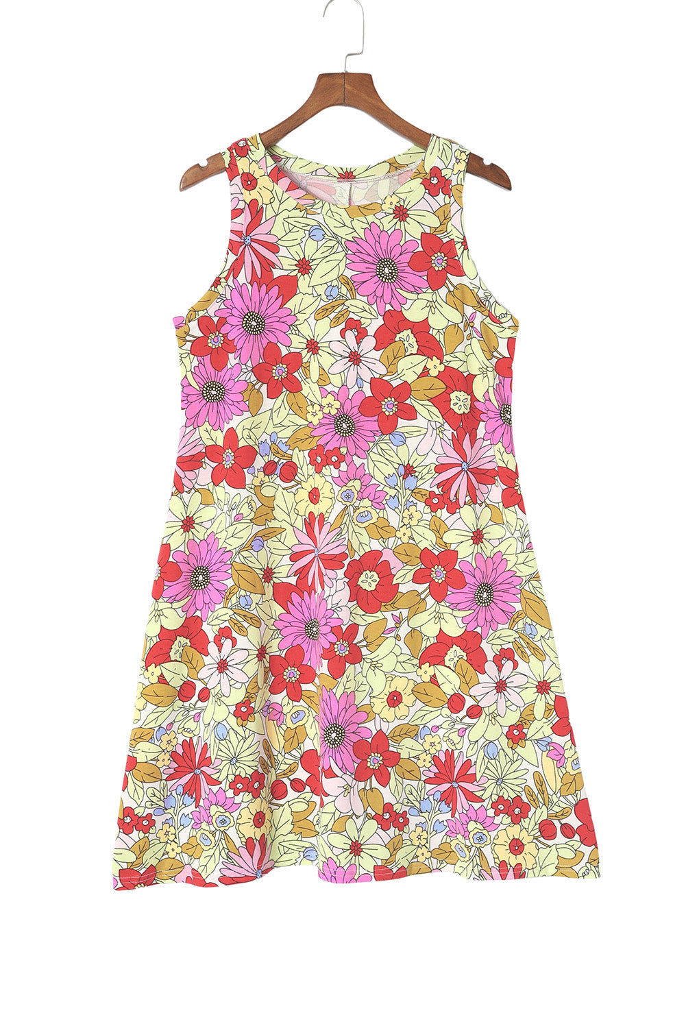 Red Round Neck Sleeveless Floral Mini Dress-yoyobikini