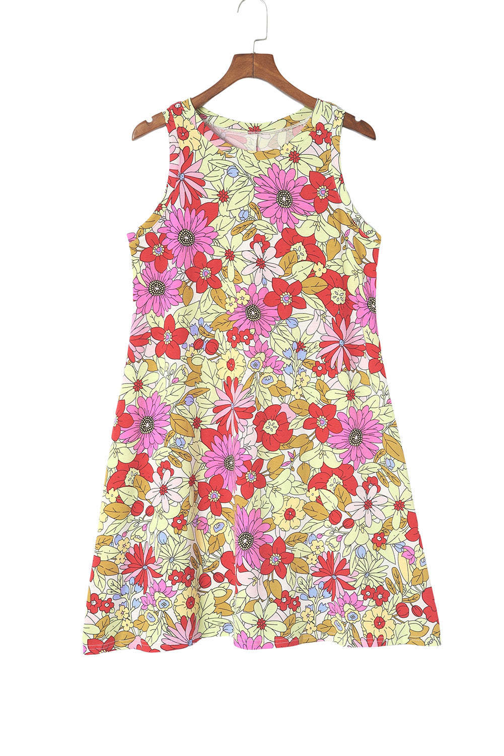 Red Round Neck Sleeveless Floral Mini Dress-yoyobikini