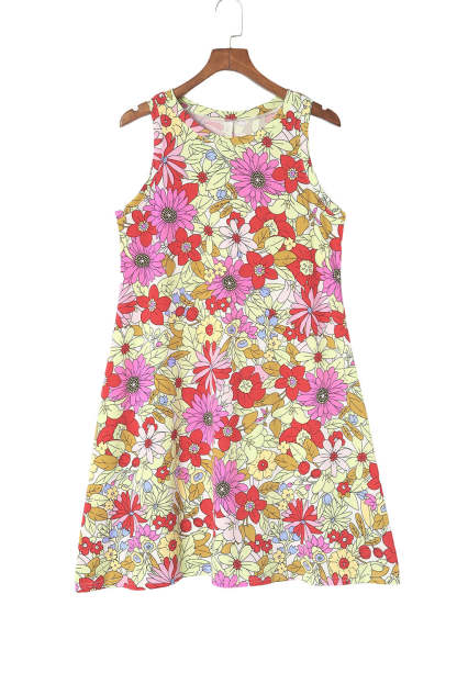 Red Round Neck Sleeveless Floral Mini Dress-yoyobikini