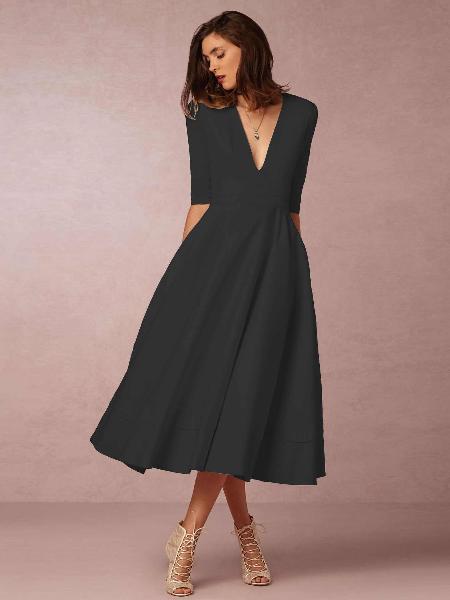Plunge Midi Dress Half Sleeves Pockets A-Line Prom Dresses