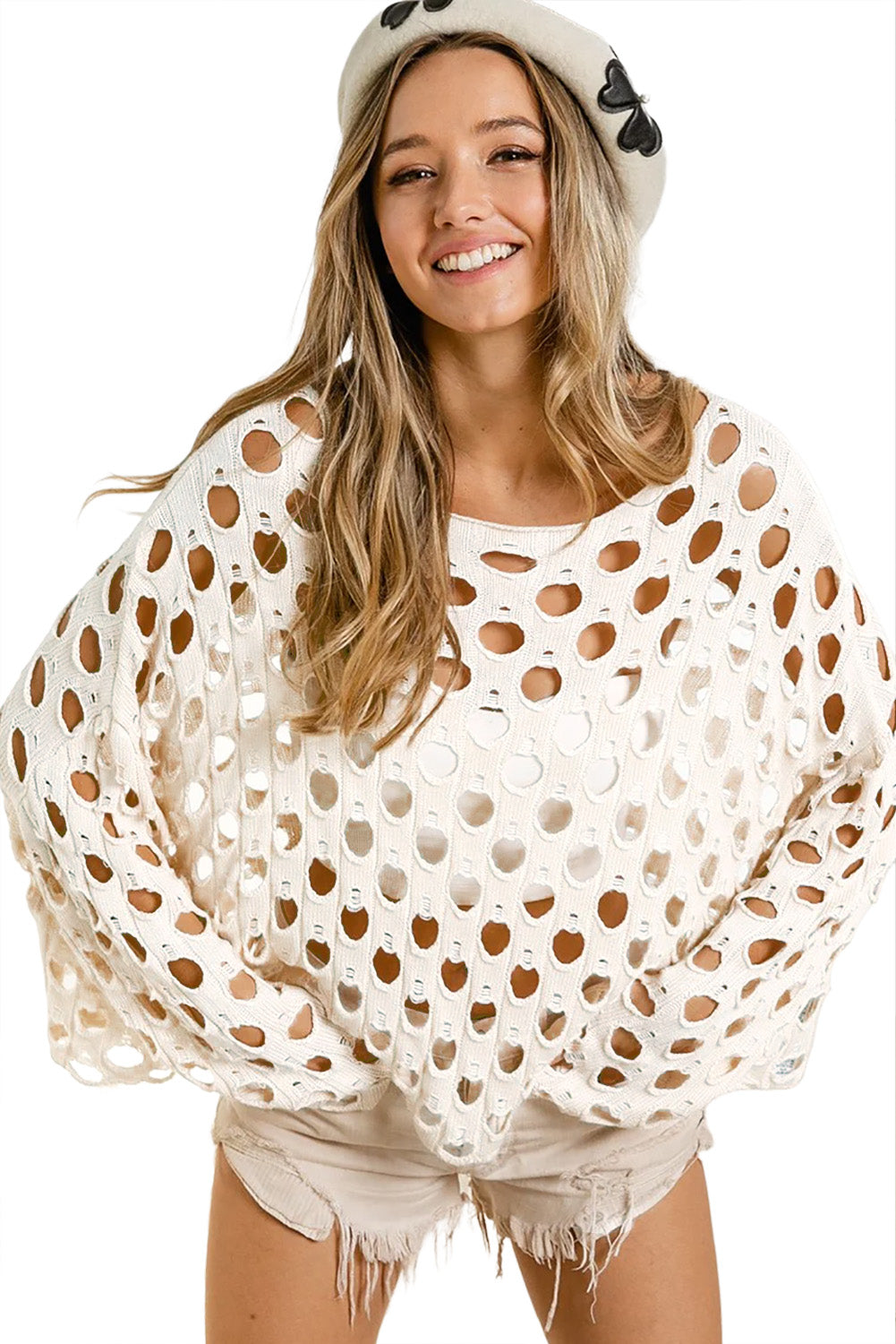 Beige Hollow-out Eyelet Knit Sweater-yoyobikini