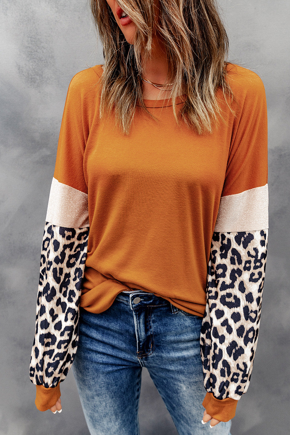 Brown Leopard Sequin Patchwork Long Sleeve Top-yoyobikini