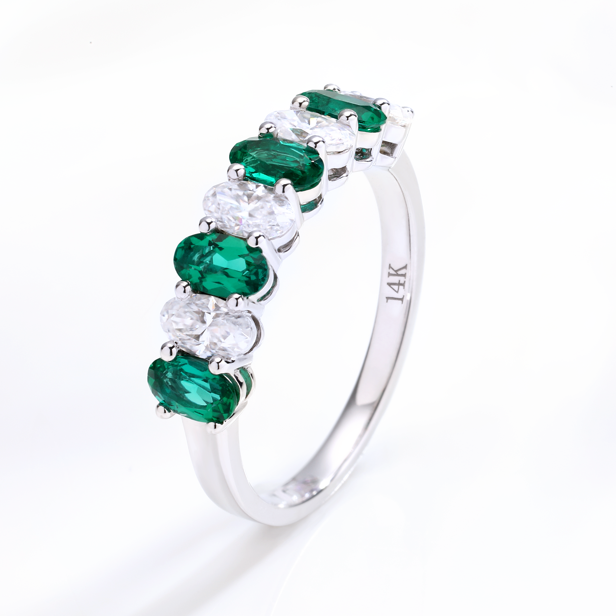 Classic 14k white gold Onedia® Moissanite & Lab Zambia Emerald 3x5mm Half-Eternity Ring for wedding