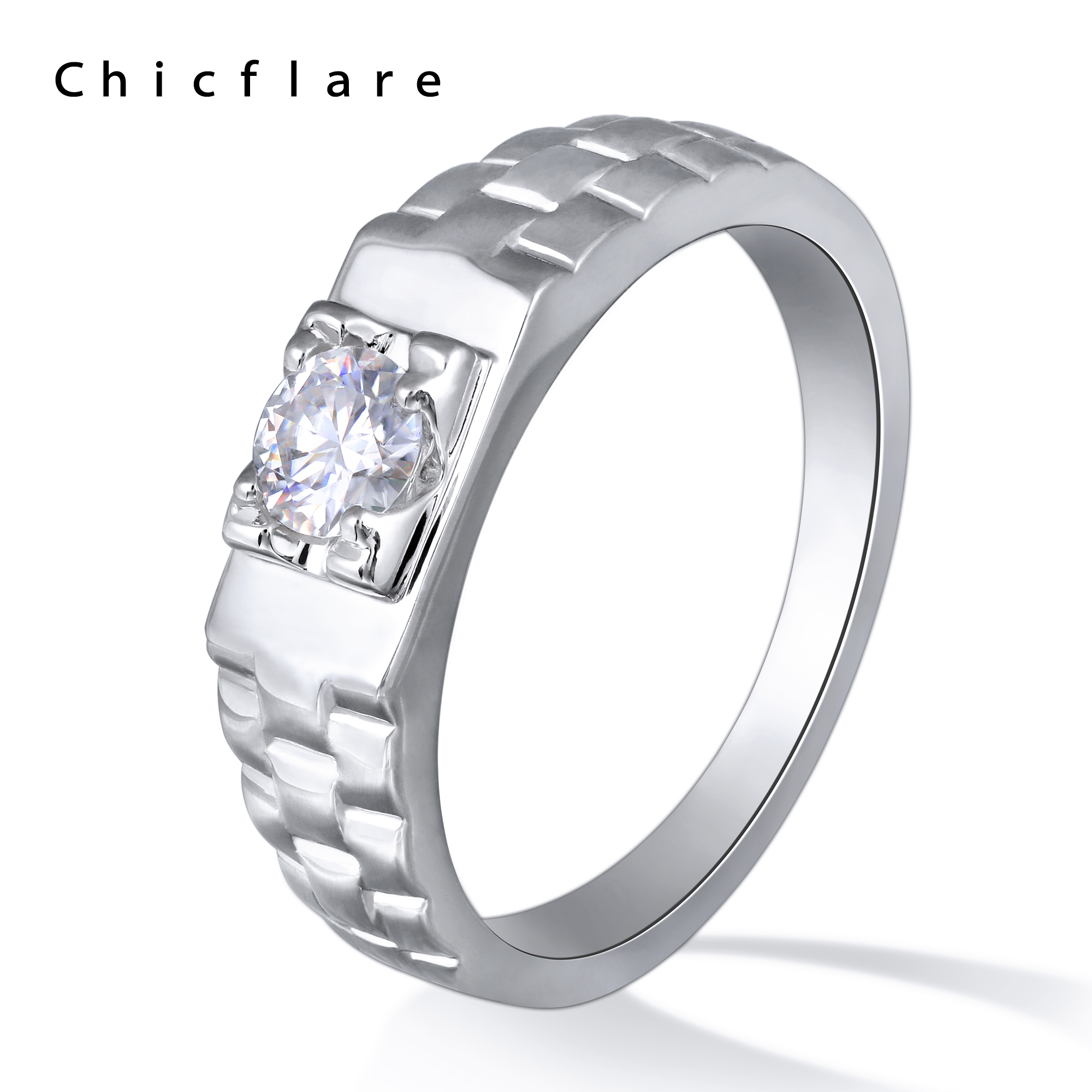 Classic Ｃｈｉｃｆｌａｒｅ® Round Moissanite 1ct 6.5mm 925 Sterling Silver Men Ring for Engagement Wedding