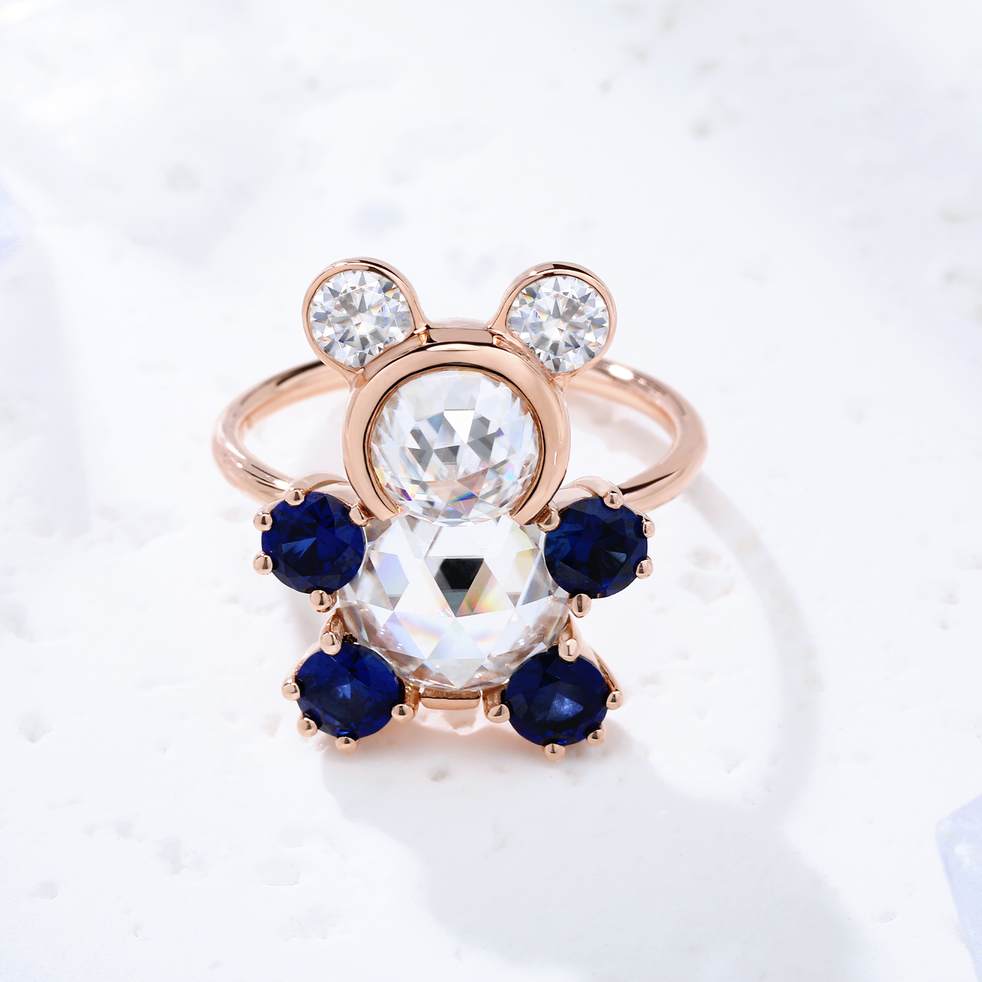 18K Rose Gold Teddy Bear Ring with Rose-Cut Moissanite and Cultivated Blue Sapphires | Unique Fine Jewelry