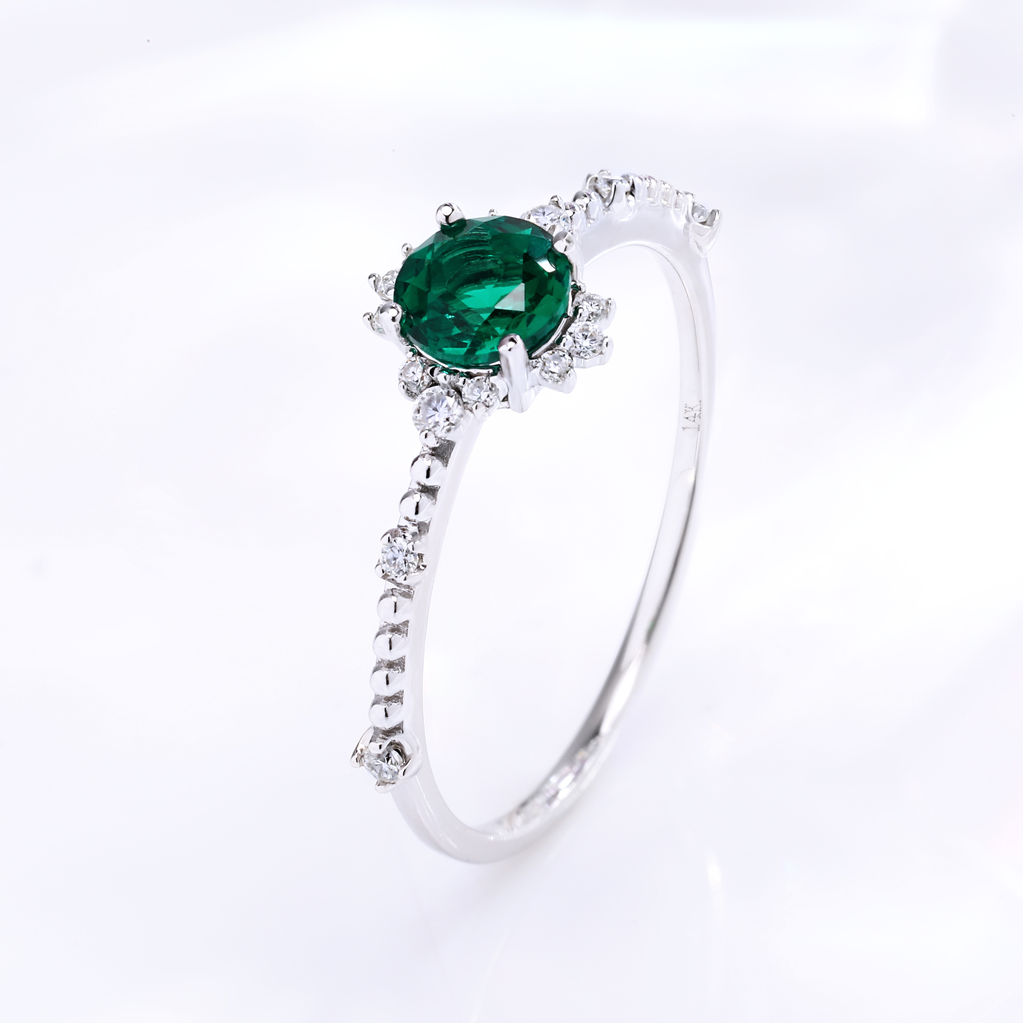 Vintage Onedia® Moissanite with 0.5ct Lab Zambia Emerald 14k white gold Engagement ring