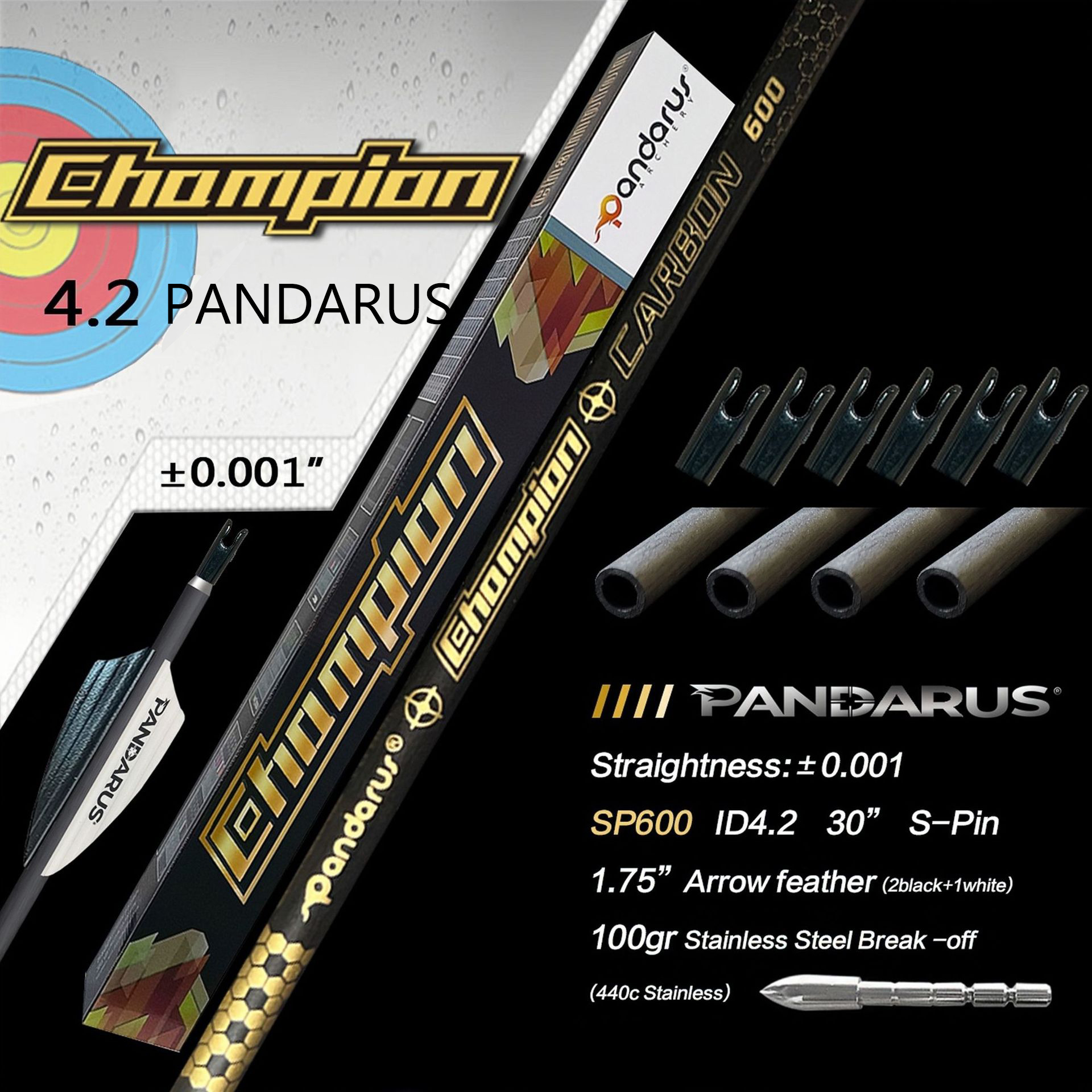 PANDARUS CHAMPION 30-T High Carbon 4.2 mm Target Arrows ± .001" (12 Pack)