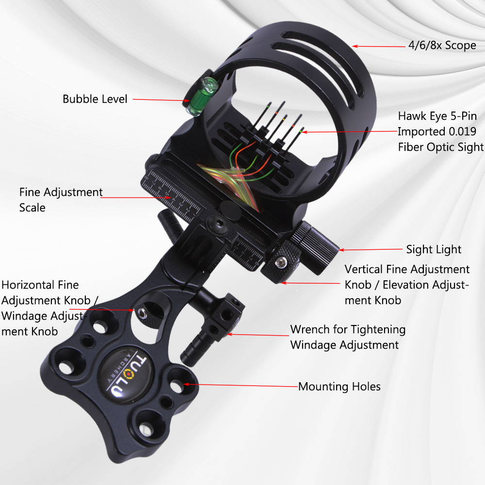 TUOLU Micro-Adjust .019" Fiber 5 Pin Bow Sight RH/LH