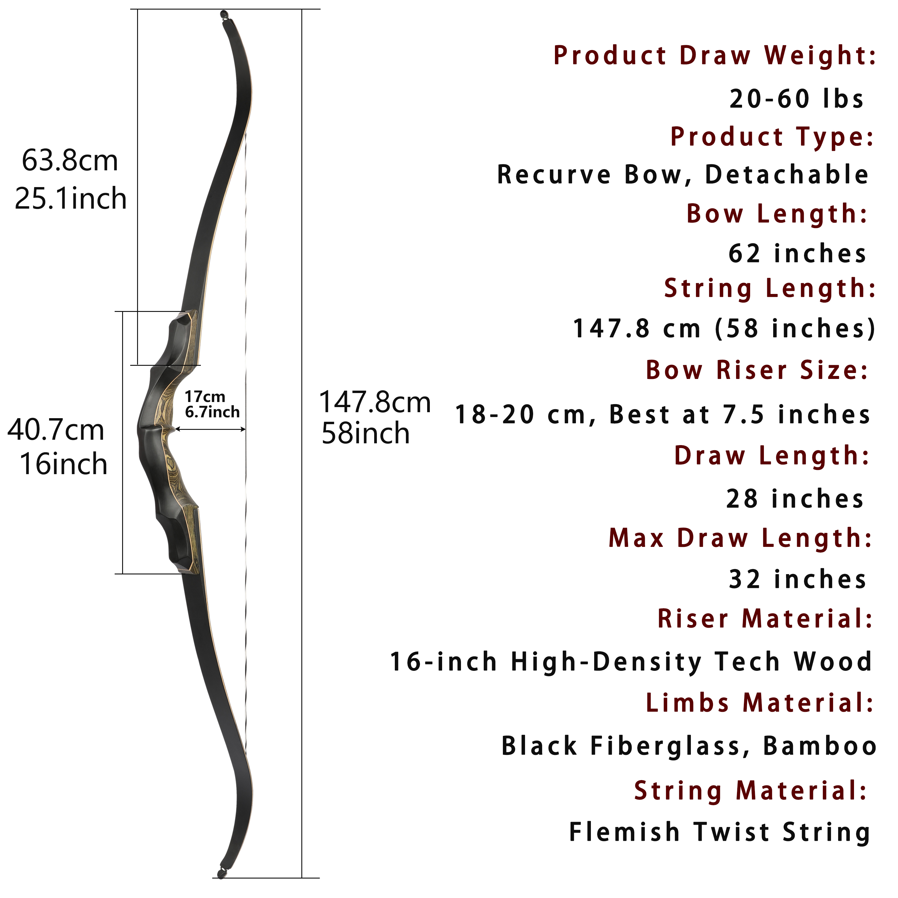 AMEYXGS 62" Reverse Takedown Wooden Recurve Bow 20-55 lbs