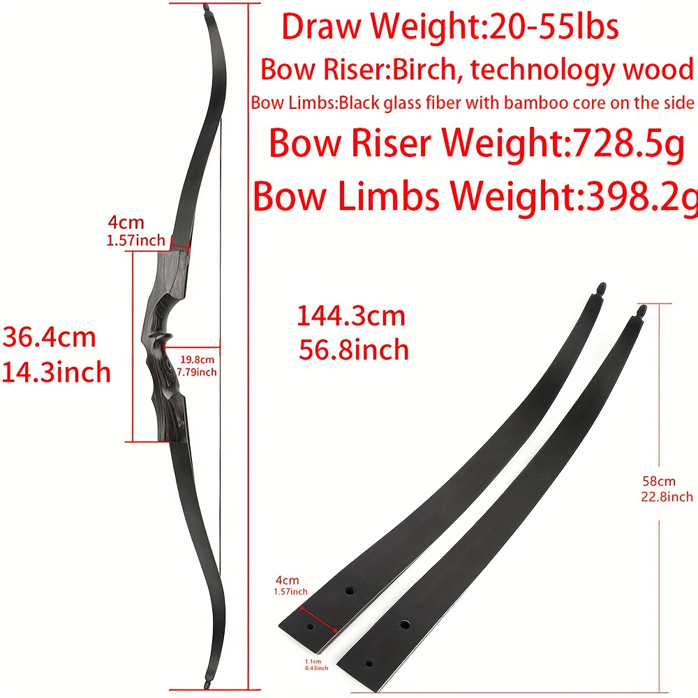 Wood Recurve Bow 57" Traditional Hunting Archery Set 40-55 lbs