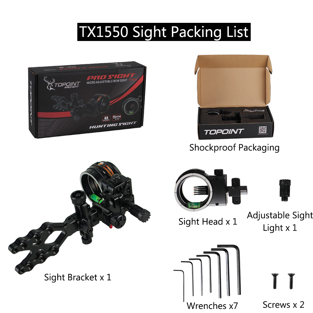 TOPOINT TX1550 Bow Sight Adjustable .019" 5 Pin Bow Sight RH/LH