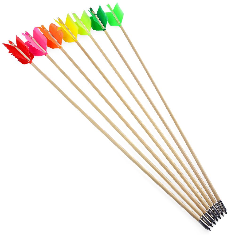 32" Indonesian White Wood Arrows, 4-Fletch Turkey Feathers, 7-Color Set