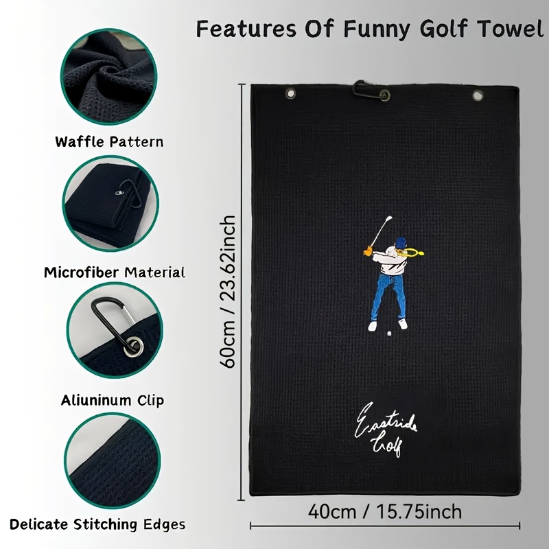 1pc of Fun Golf Towel, Embroidered with Letter Patterns, Ultra-Soft, Made of Microfiber, Black Waffle Texture, Soft Material, with a Lock, Golf Accessory.