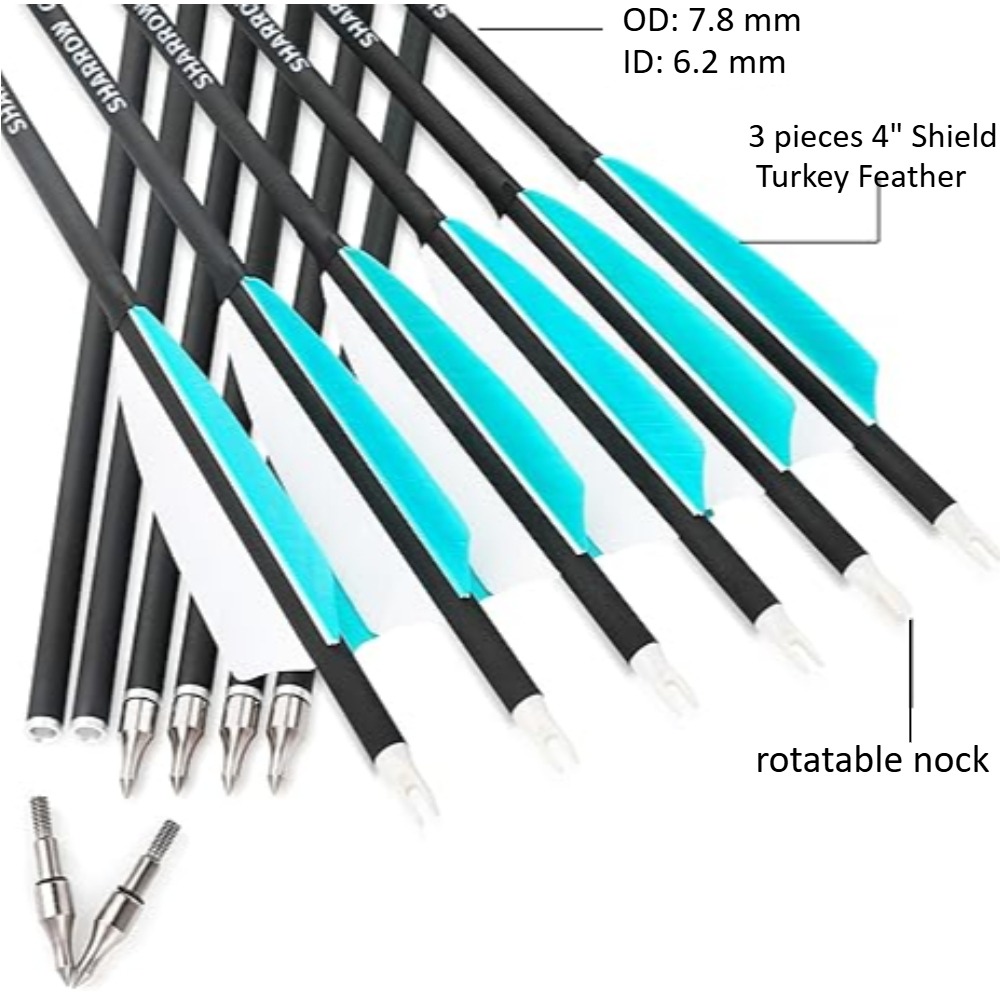 SHARROW 30" Feather Fletched Carbon Arrows Spine 500 (12 Pack)