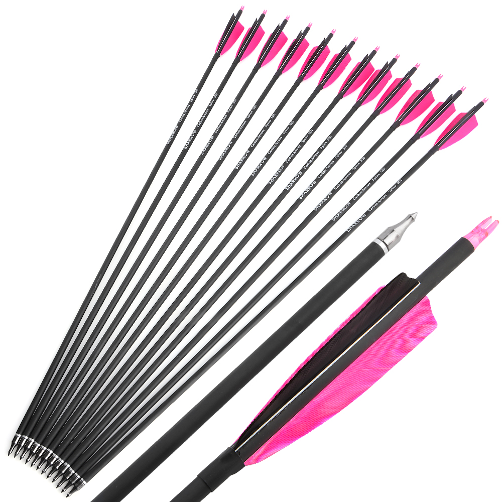 SHARROW 30" Feather Fletched Carbon Arrows Spine 500 (12 Pack)