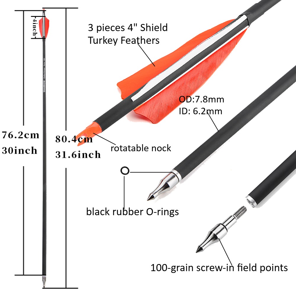SHARROW 30" Feather Fletched Carbon Arrows Spine 500 (12 Pack)