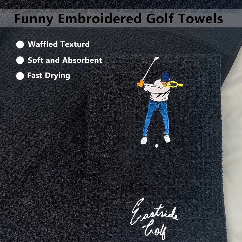 1pc of Fun Golf Towel, Embroidered with Letter Patterns, Ultra-Soft, Made of Microfiber, Black Waffle Texture, Soft Material, with a Lock, Golf Accessory.