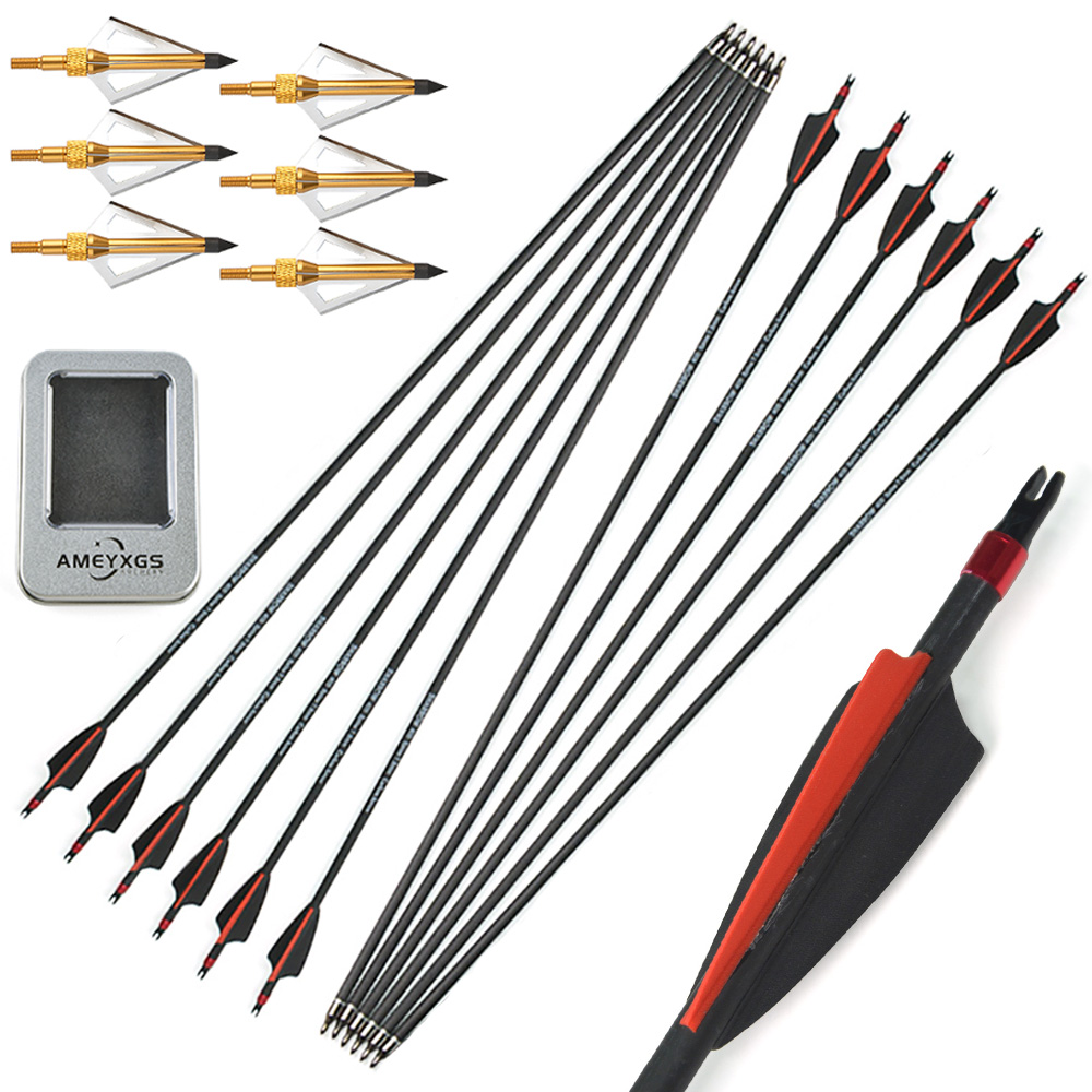 Mixed Carbon Arrows 12pcs with Rubber Feathers and 6 Yellow Jade Arrowheads