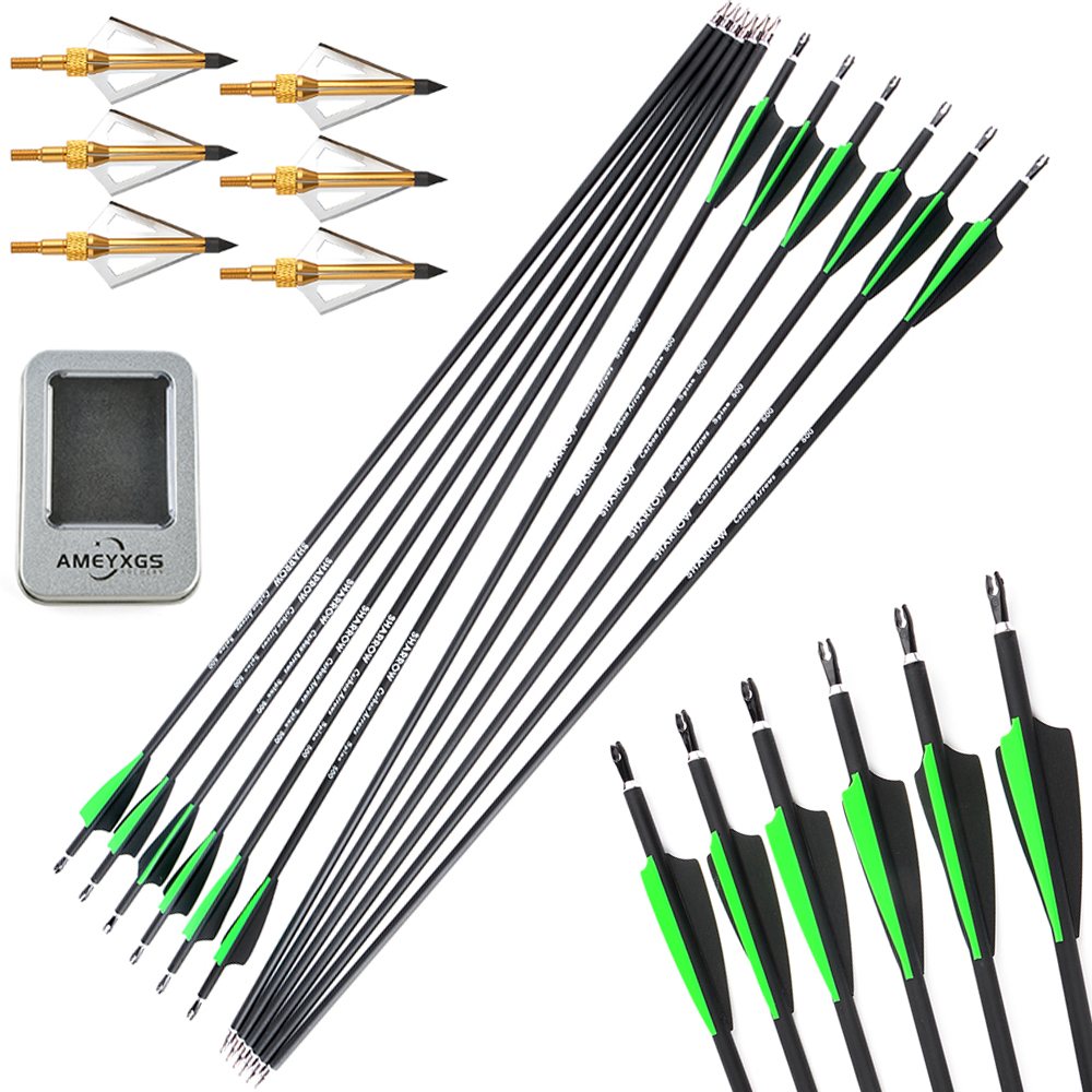 Mixed Carbon Arrows 12pcs with Rubber Feathers and 6 Yellow Jade Arrowheads