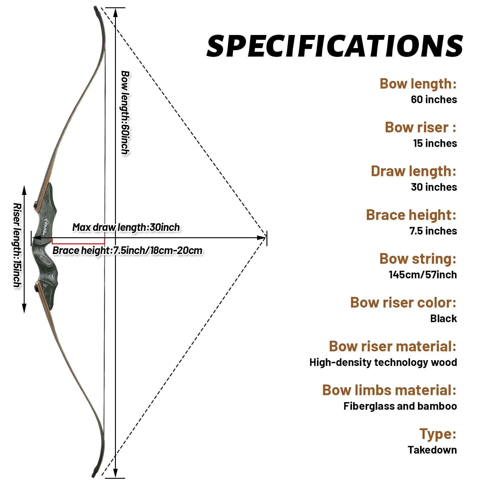 Black Hunter 60" Recurve Bow Takedown Hunting Bow 20-60 lbs RH/LH