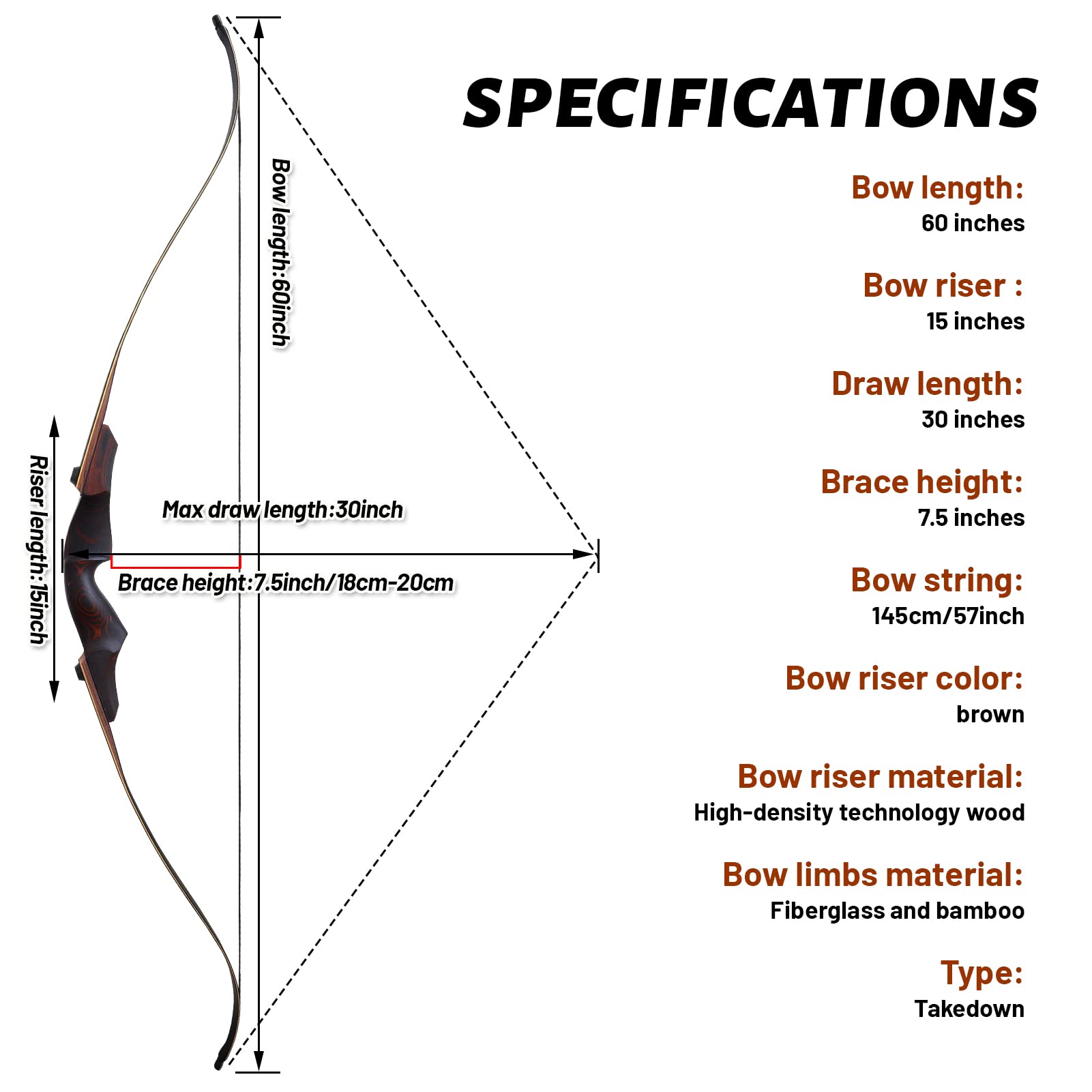 BLACK HUNTER 60" Takedown Wood Recurve Bow 25-60 lbs-CHN Archery
