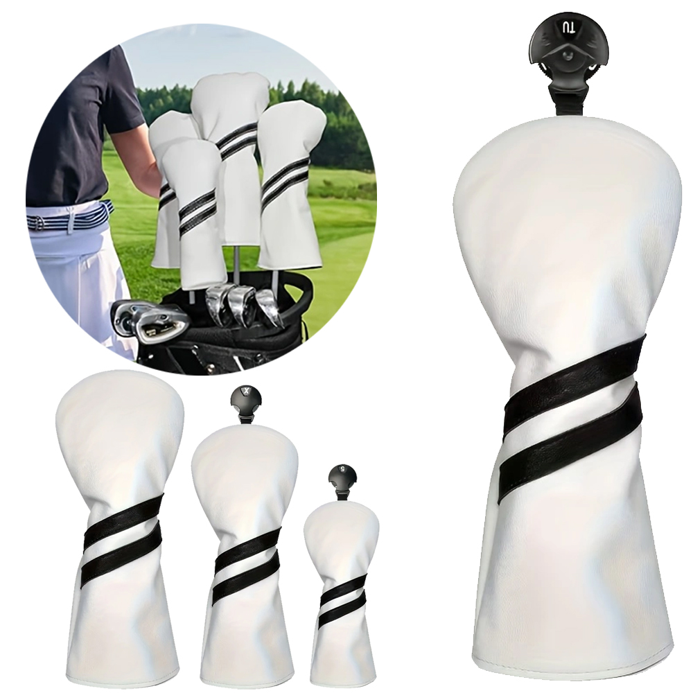 Premium PU Leather Golf Wood Headcovers, Black & White 3-Piece Set