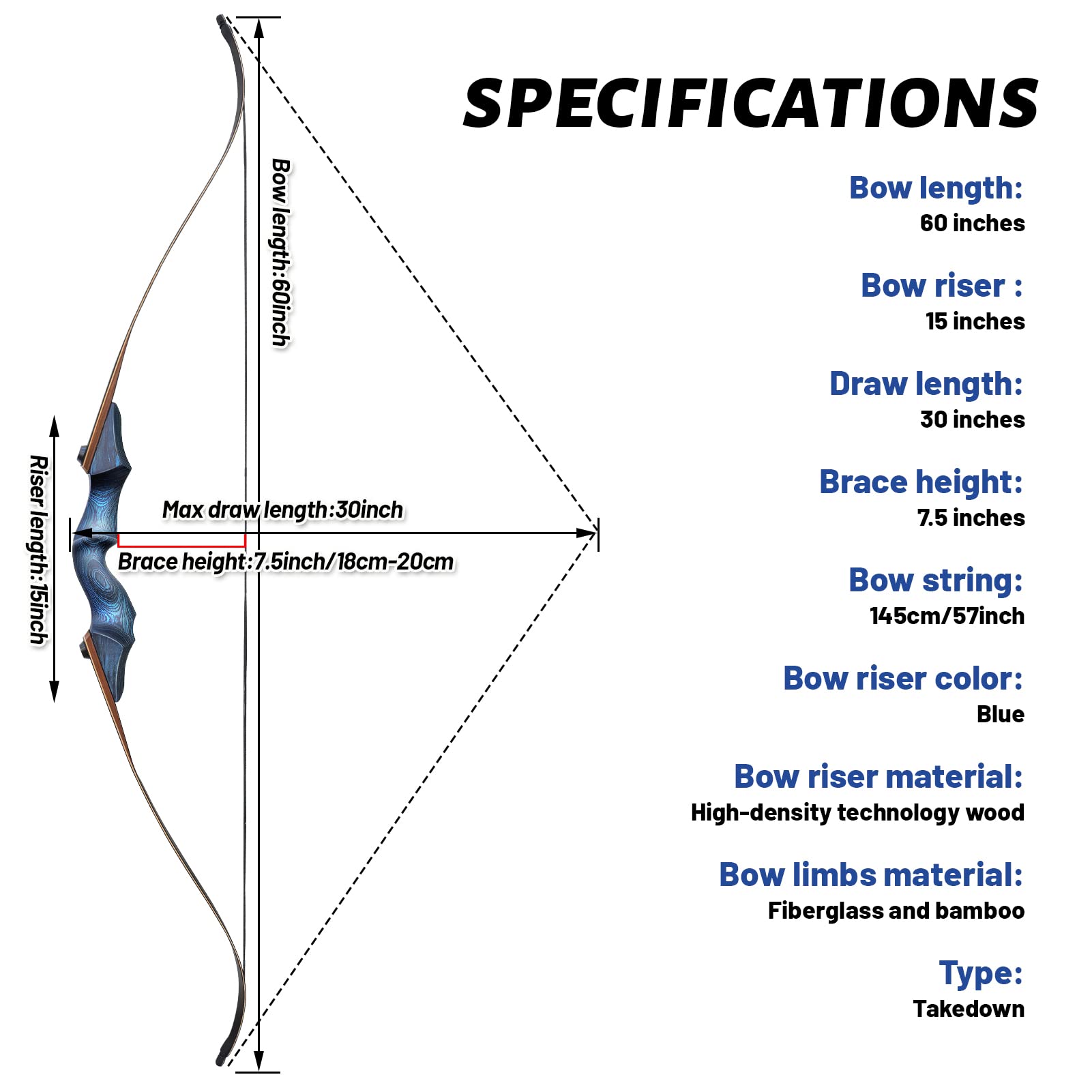 BLACK HUNTER 60" Takedown Wooden Recurve Bow 20-60 lbs-CHN Archery